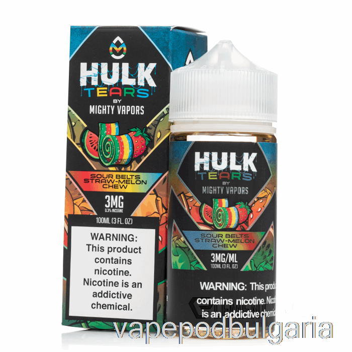 Vape 10000 Дръпки Sour Belts Straw Melon Chew - Hulk Tears - 100ml 0mg